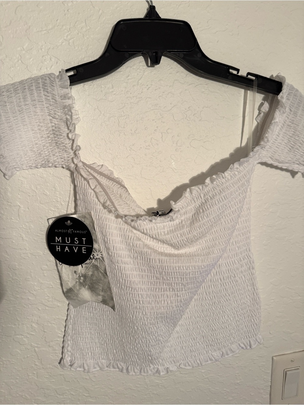 Almost Famous White Smocked Off-Shoulder Crop Top with Ruffle Trim